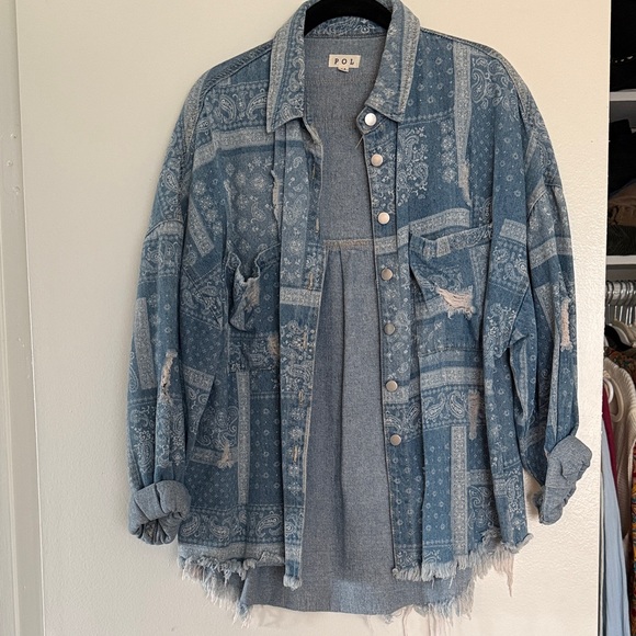POL Jackets & Blazers - POL Bandana Patchwork Denim Jacket in Blue